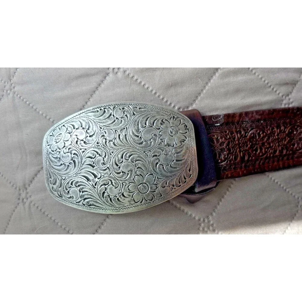 Vintage Belt & 1994 Buckle Brown Western Leather 41” Cowboy Tooled Supple Y2K
